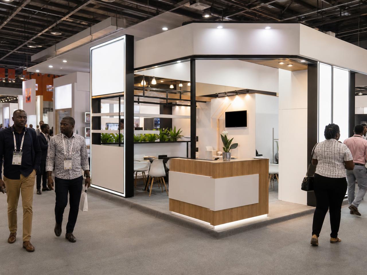 Stand modular montado num pavilhão de feira em Maputo