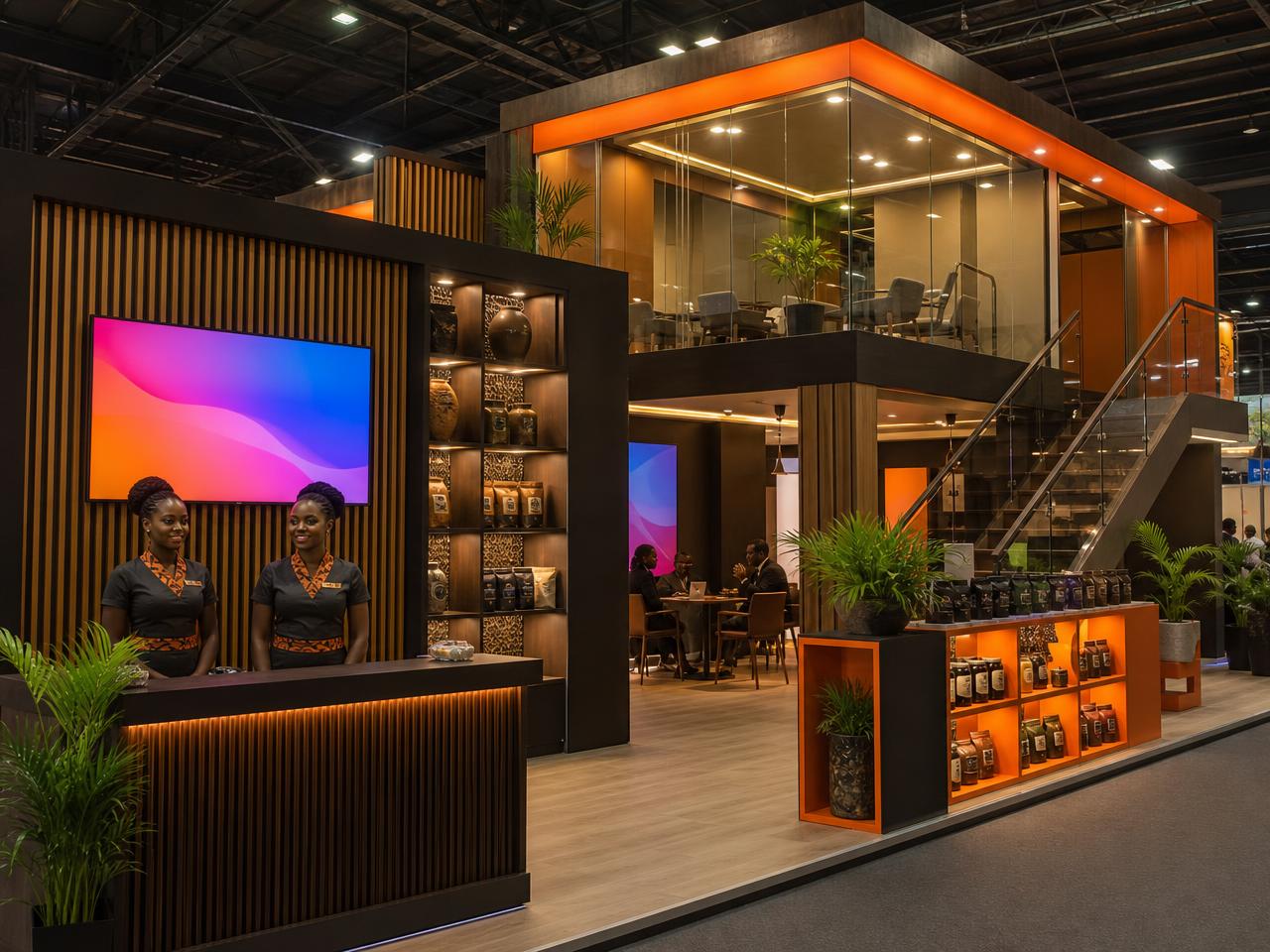 Stand premium de dois pisos com exposição de produtos numa feira