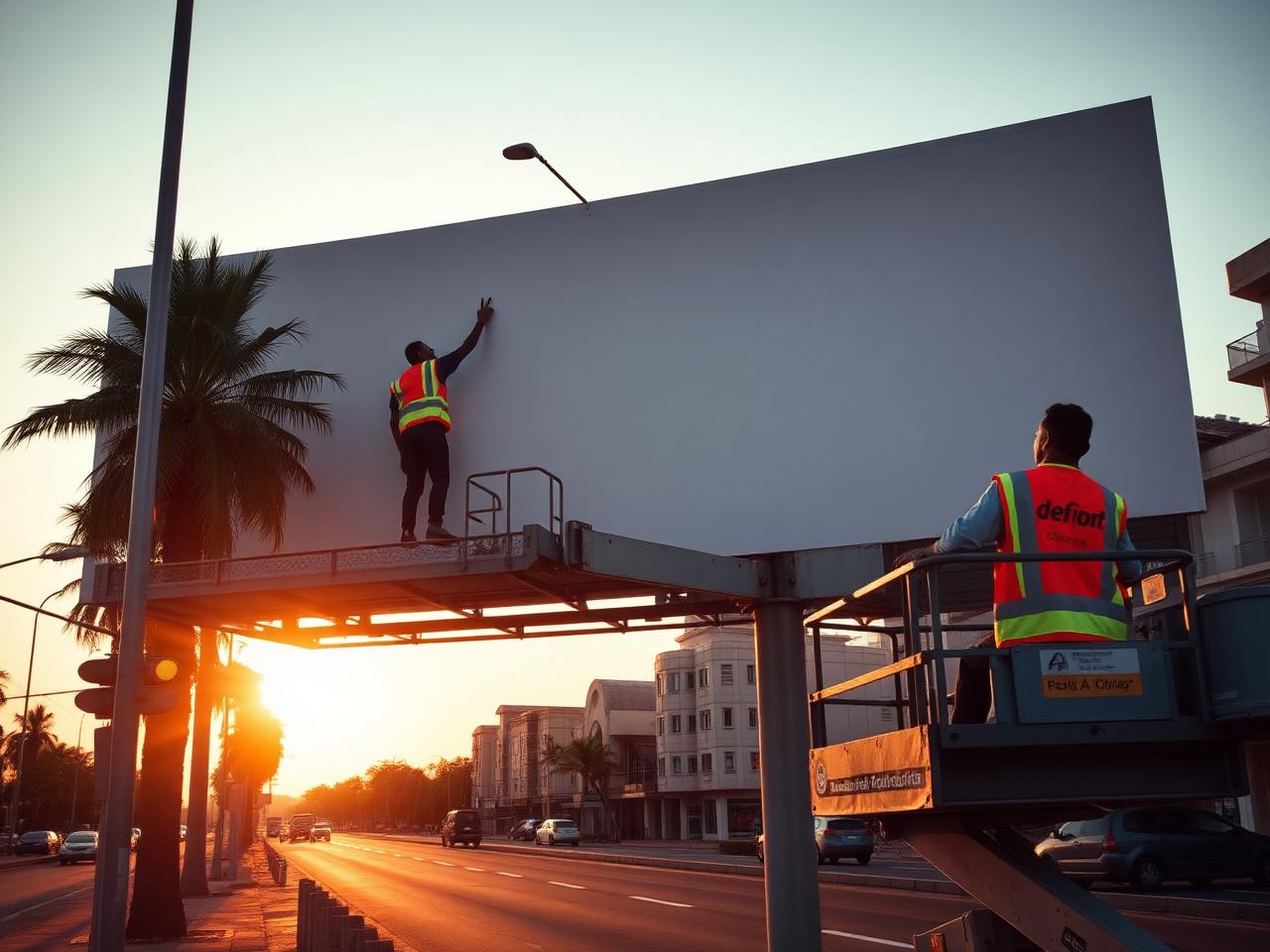 Instalação de outdoor publicitário numa avenida de Maputo, Moçambique